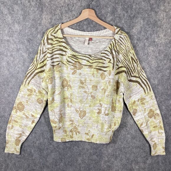 Pilcro Anthropologie Yellow Floral Print Size Small Ribbed Cuff Pullover Sweater - Picture 2 of 14